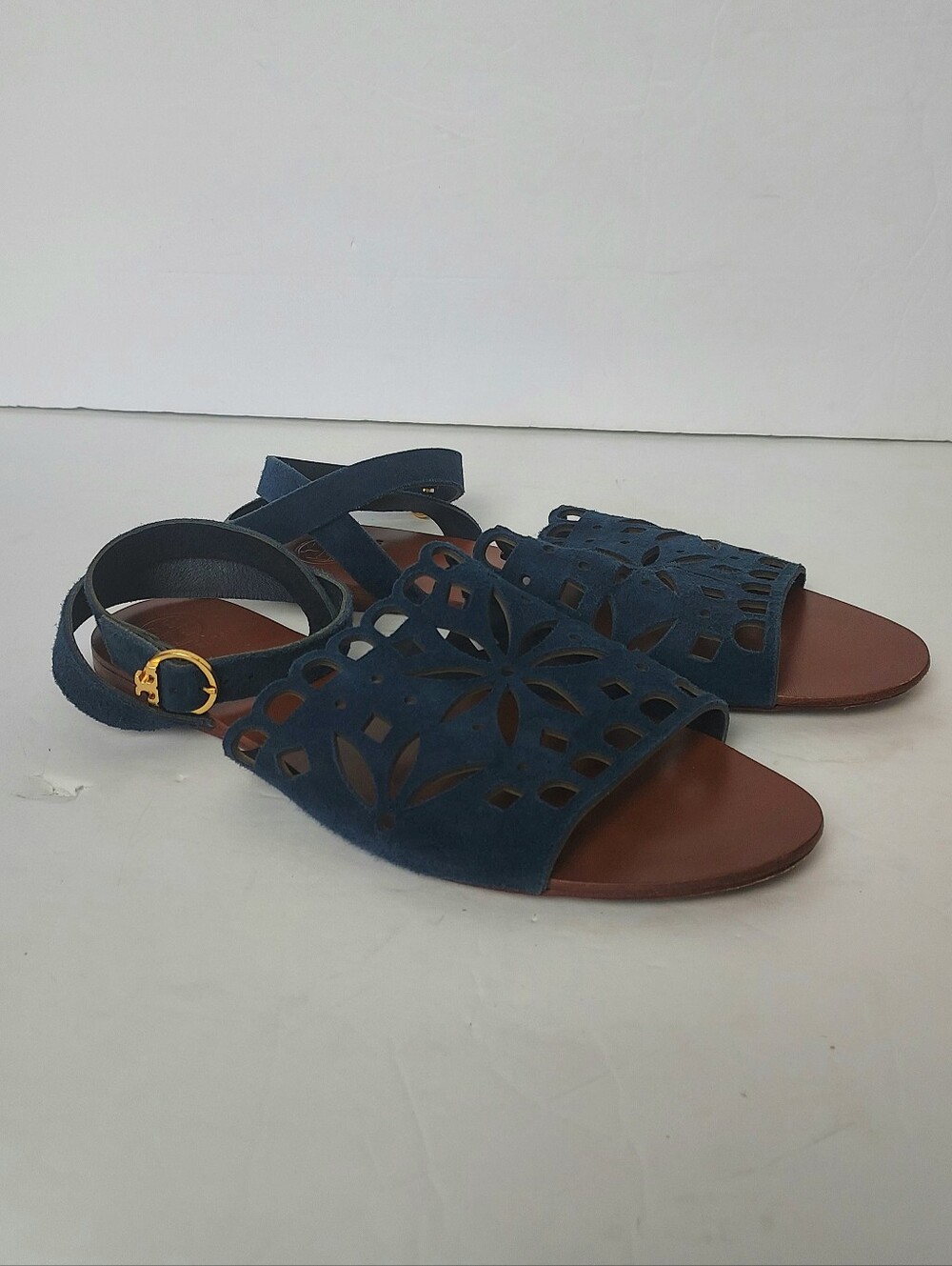 Tory Burch May Flat Blue Suede Perforated Laser CQut Sandals Perfect Blue 8
